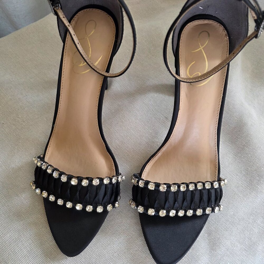Sam Edelman Evelynn Rhinestone Sandals Black Satin Women 7.5 Almond Toe